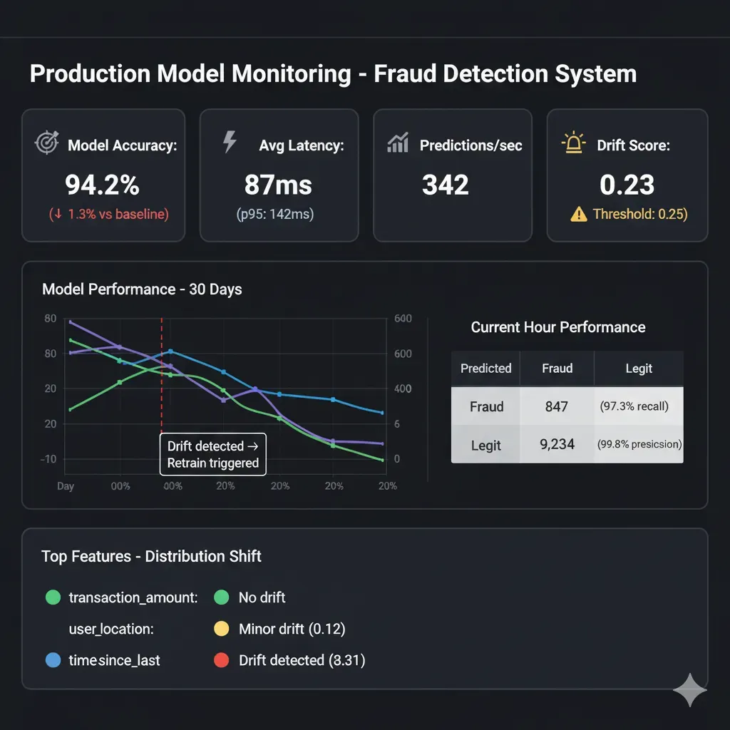 Production monitoring dashboard: Model accuracy 94.2%, latency 87ms, drift detection, fraud detection confusion matrix