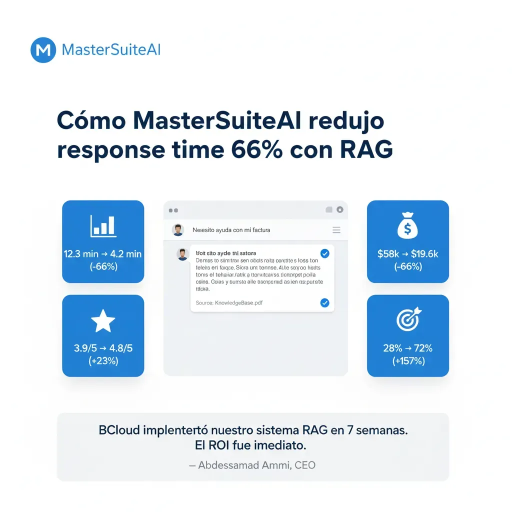MasterSuiteAI case study: 66% response time reduction, $38.4k/year savings, CSAT 4.8/5