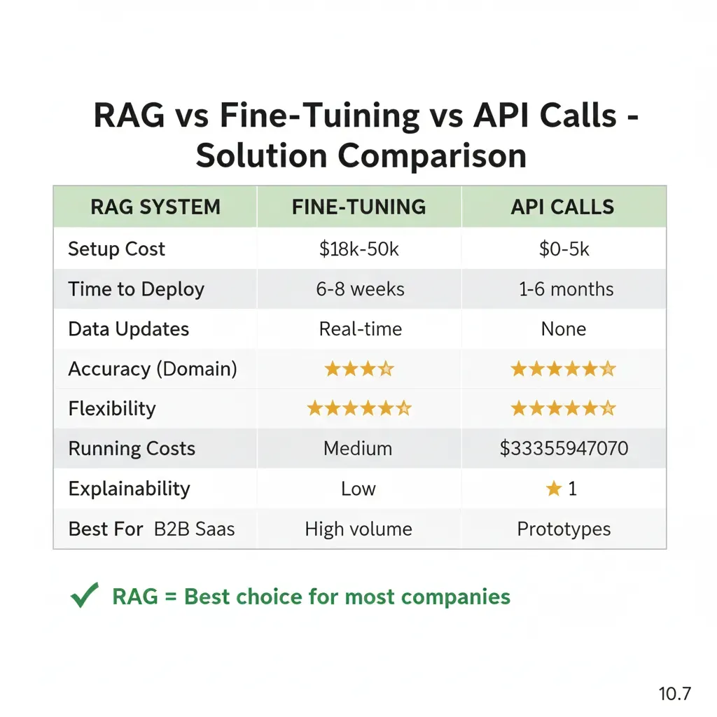 Comparison table RAG vs Fine-Tuning vs API Calls: costs, deployment time, accuracy, flexibility