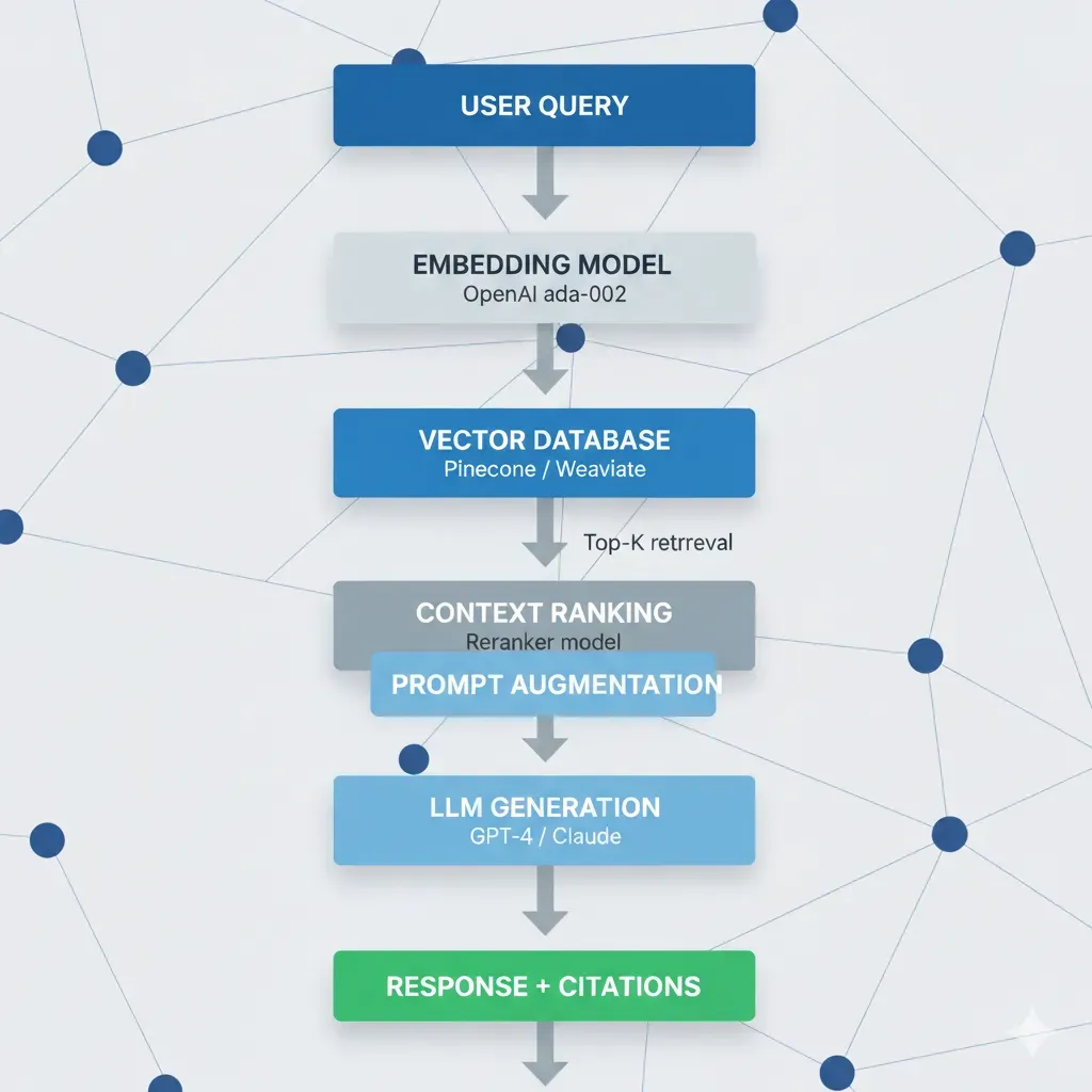 RAG Pipeline Architecture: Query → Embedding → Vector DB → Context Ranking → LLM → Response