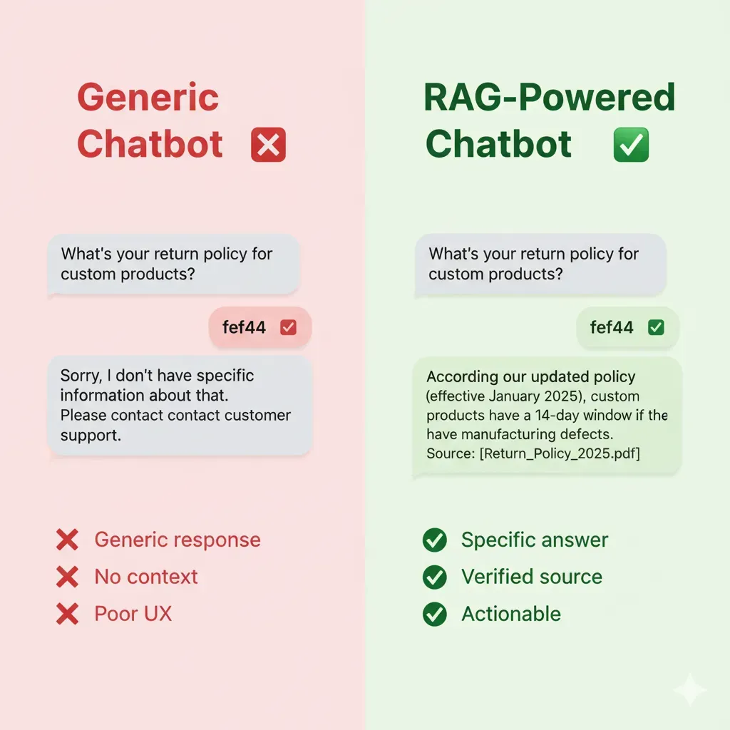Comparison generic chatbot vs RAG: generic answers without context vs specific answers with verified sources