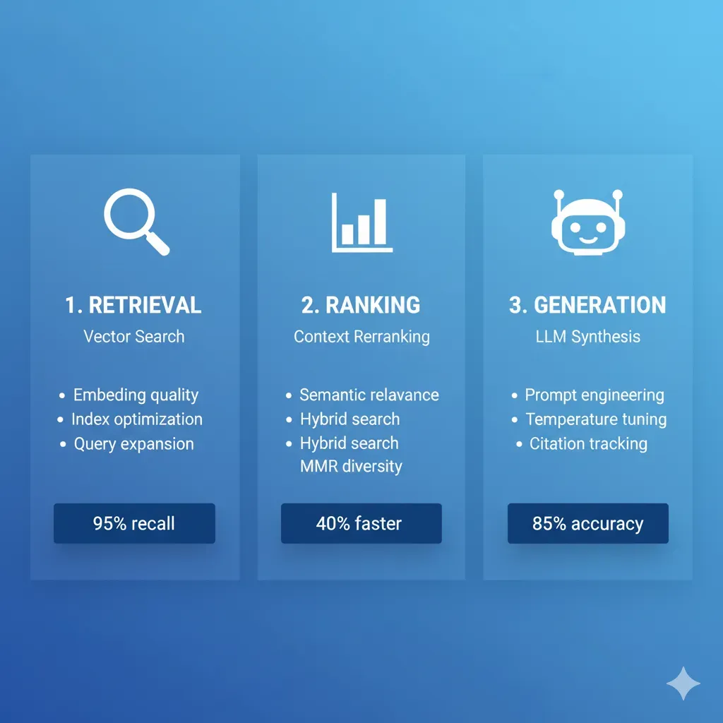 3 RAG Components: Retrieval (95% recall), Ranking (40% faster), Generation (85% accuracy)