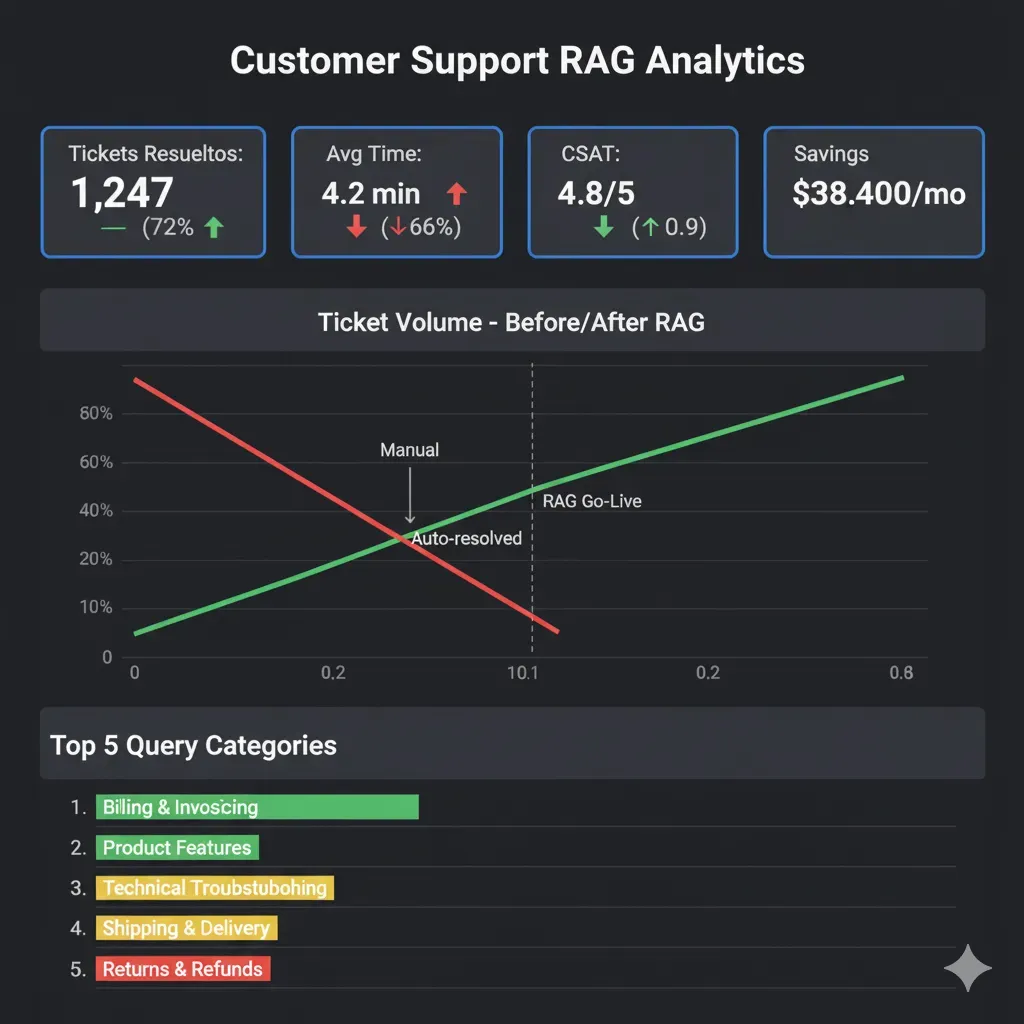 Customer Support RAG Dashboard: 1,247 tickets resolved (72%), resolution time 4.2 min (-66%), CSAT 4.8/5