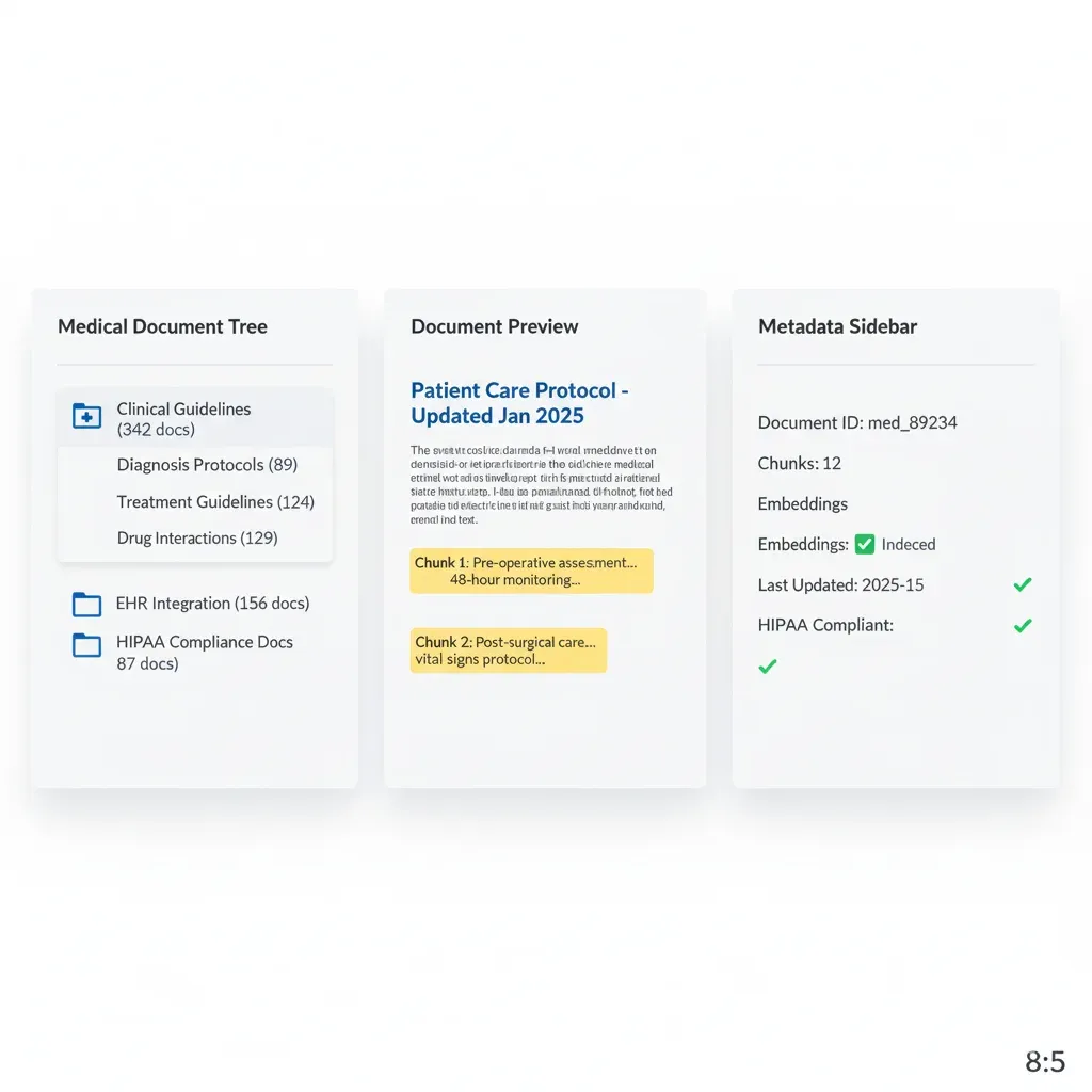 RAG Knowledge Base Interface: 342 indexed product documents with vectorized chunks