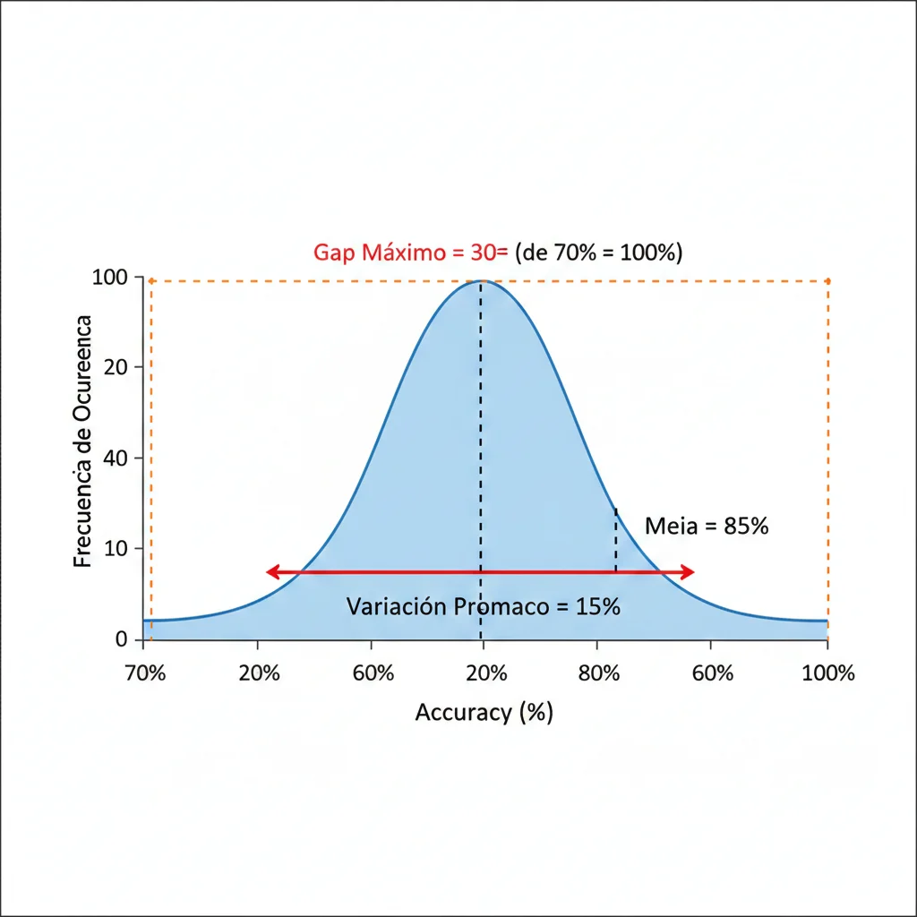 Gráfico mostrando variaciones de accuracy en outputs LLM con temperature=0 y seed fijo: distribución de resultados con 15% variación promedio y gap máximo del 70% entre mejor y peor caso