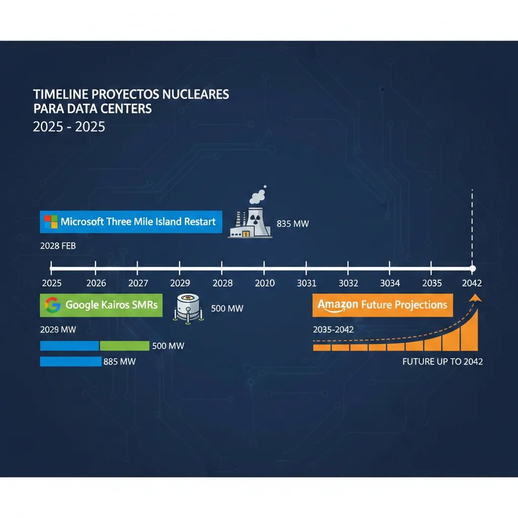 Timeline de proyectos nucleares para data centers 2025-2035 mostrando Three Mile Island restart, SMRs de Google y Amazon, y proyecciones de capacidad