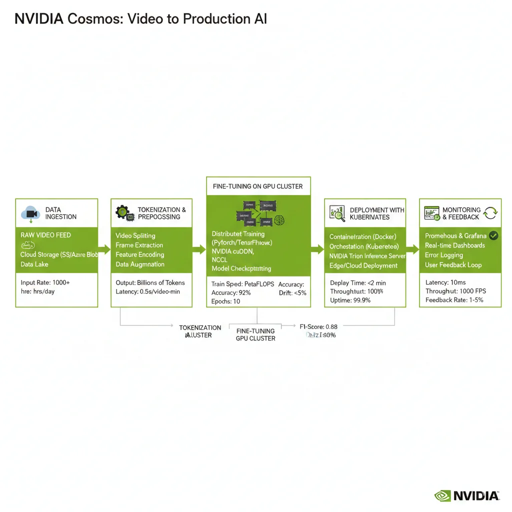 Diagrama de flujo mostrando proceso completo Cosmos desde preparación datos hasta fine-tuning y deployment con métricas de rendimiento en cada etapa