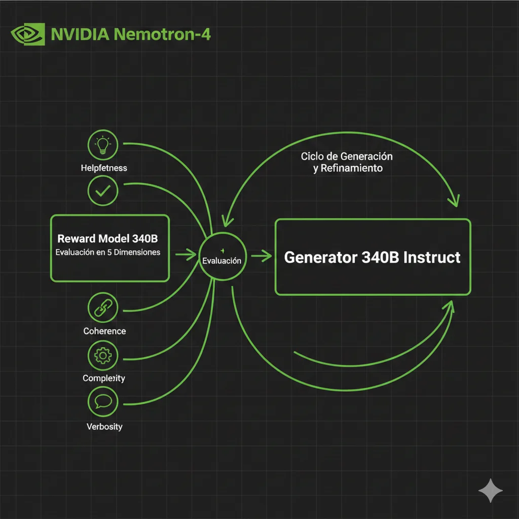 Diagrama arquitectura NVIDIA Nemotron-4 con generador 340B Instruct, reward model, y flujo de evaluación en 5 dimensiones