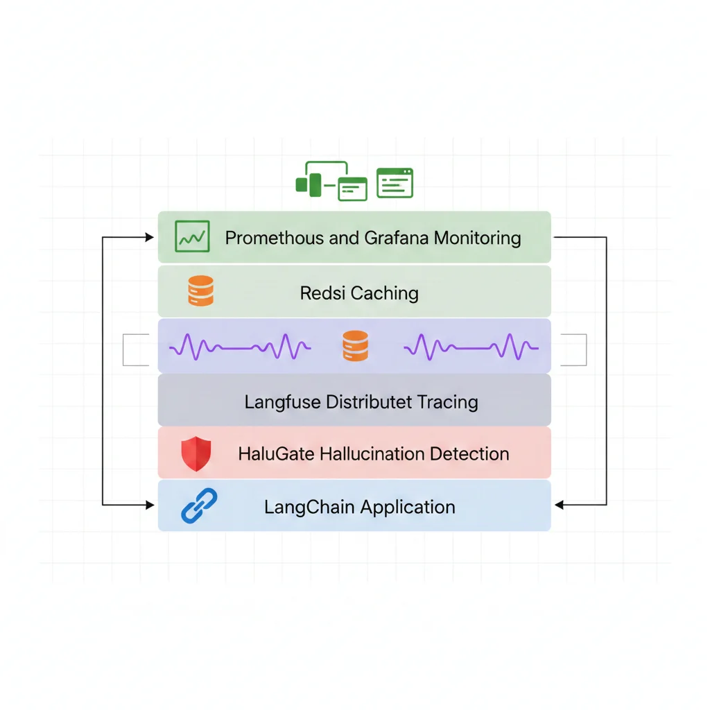 Diagrama de arquitectura completa de observability stack mostrando integración entre LangChain, Langfuse para tracing, HaluGate para hallucination detection, Redis para caching, y Prometheus/Grafana para métricas