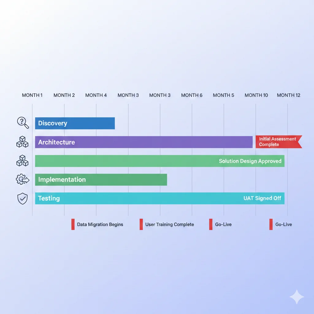 Timeline visual de migración Octomind: Fase 1 Discovery 2 semanas, Fase 2 Architecture 3 semanas, Fase 3 Implementation 5 semanas, Fase 4 Testing 2 semanas