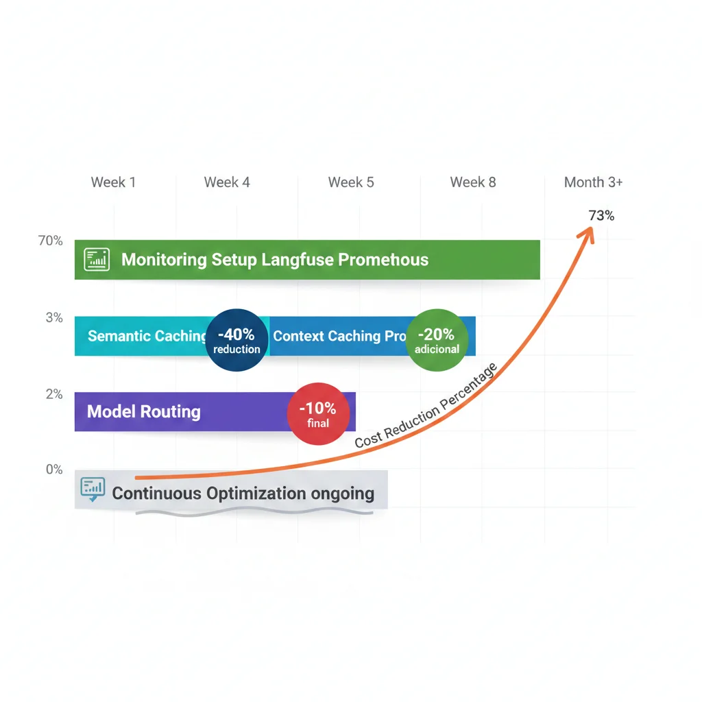 Gantt chart mostrando roadmap 12 semanas: Week 1-2 Monitoring, Week 3-4 Semantic Caching, Week 5-6 Context Caching, Week 7-8 Model Routing, Month 3+ Continuous Optimization con % cost reduction acumulado