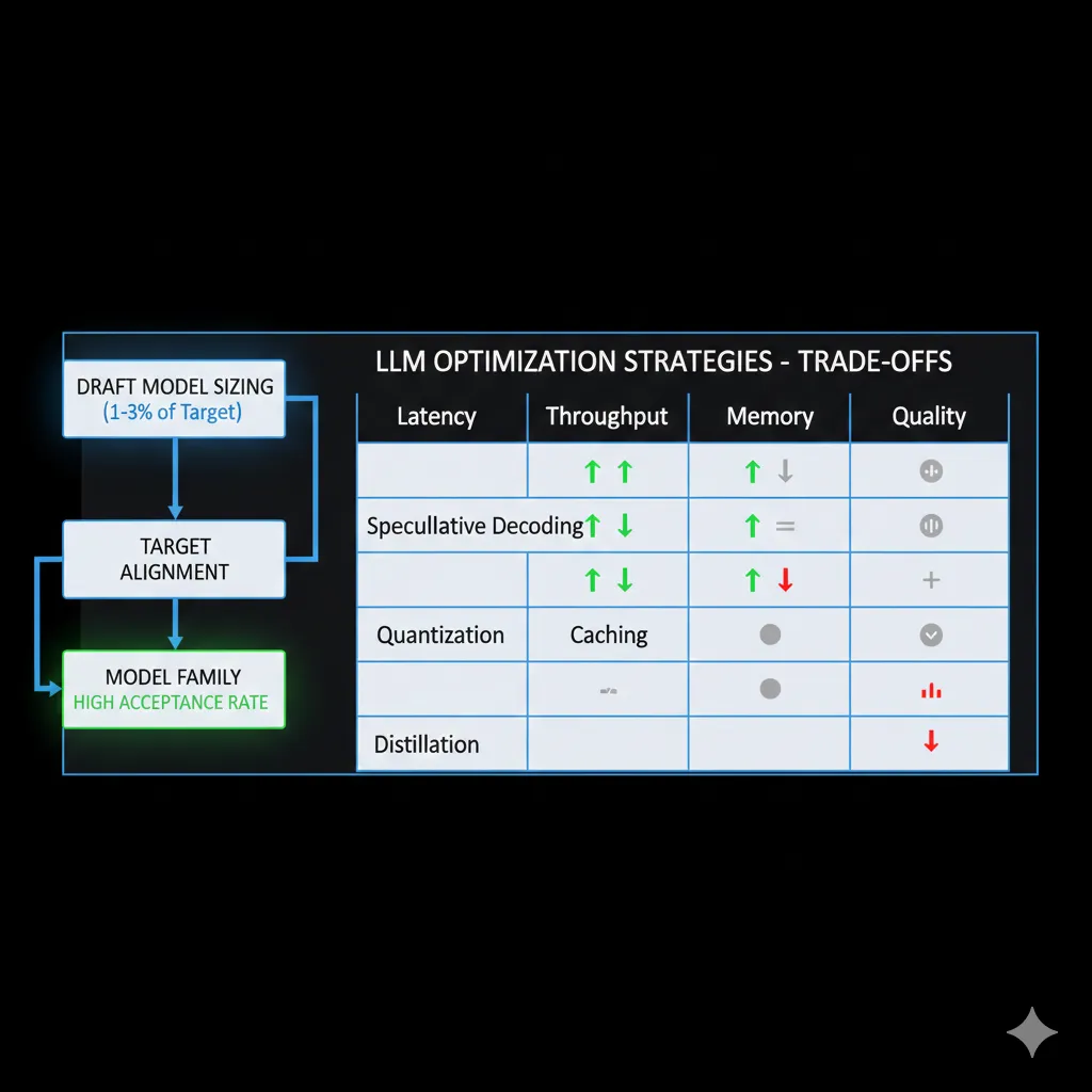 Matriz comparativa técnicas optimización LLM: speculative decoding, quantization, caching, distillation con trade-offs