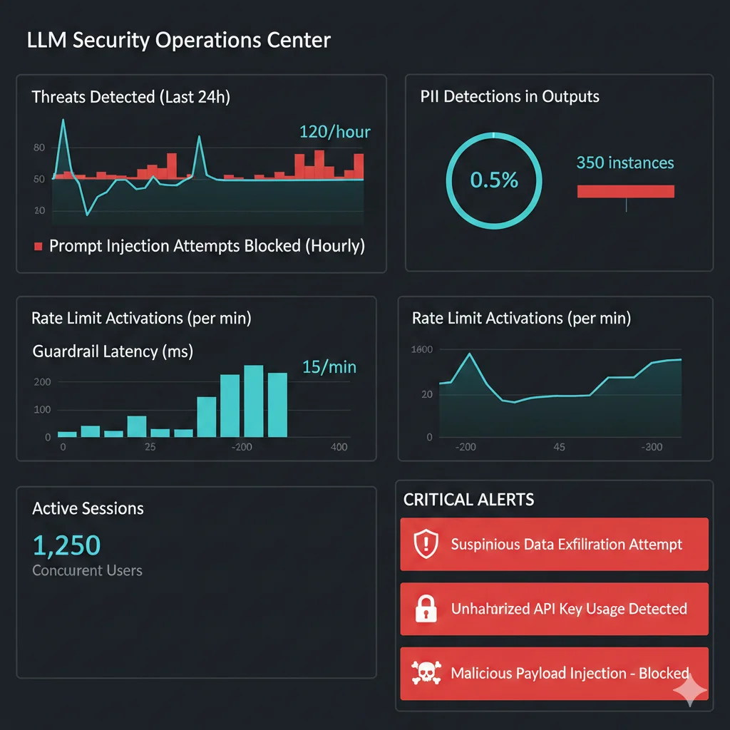Dashboard de monitoreo de seguridad LLM mostrando métricas de amenazas detectadas, prompt injection attempts, guardrails activations y compliance status en tiempo real