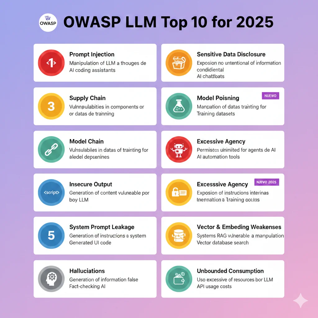 Diagrama visual OWASP LLM Top 10 para 2025 mostrando las 10 vulnerabilidades principales con iconos y descripciones breves