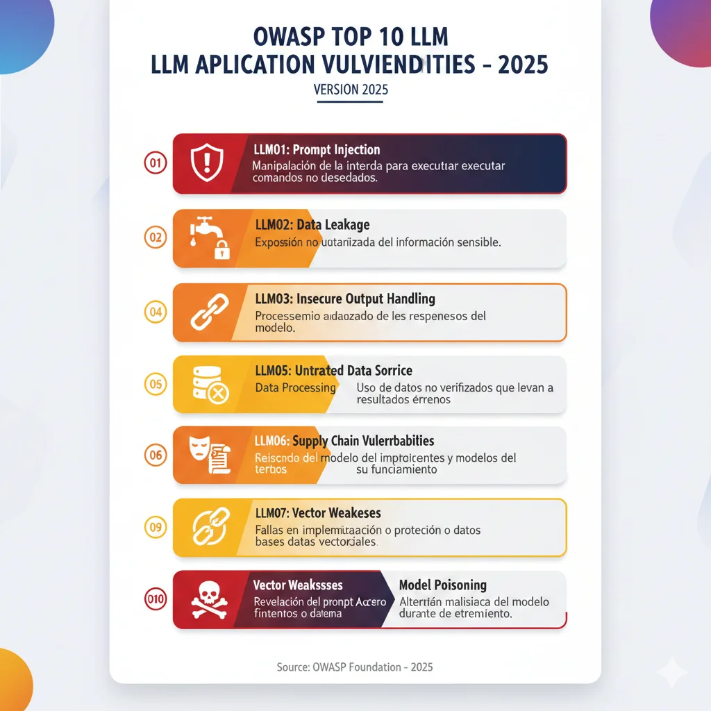Infografía visual OWASP Top 10 para LLM Applications 2025 mostrando las 10 vulnerabilidades críticas con iconos y descripciones breves en español