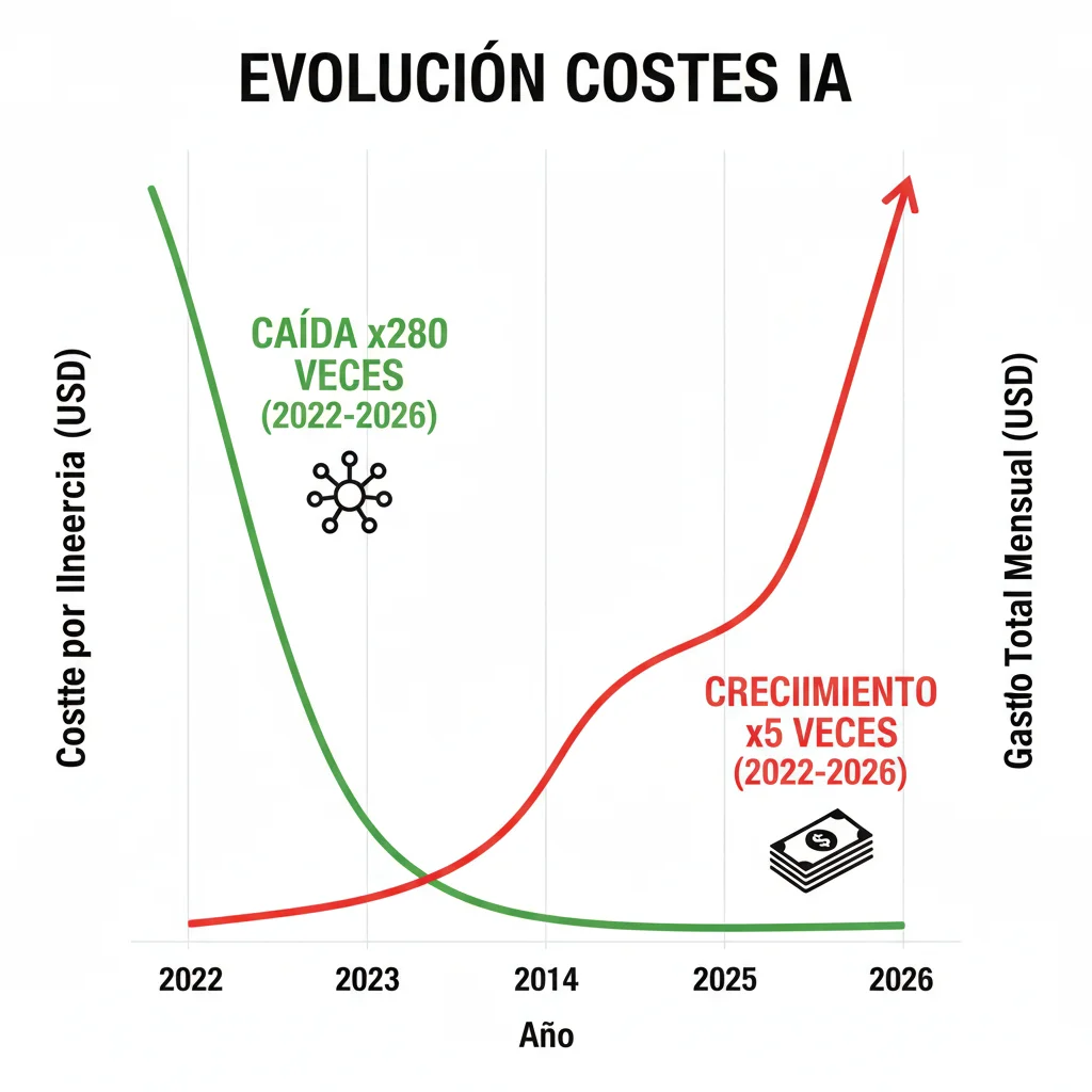 Gráfico de doble eje mostrando reducción de coste por inferencia 280x vs aumento del gasto total AI 5x entre 2022-2026