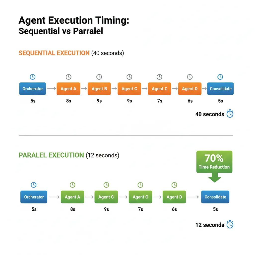 Diagrama timing comparando ejecución secuencial vs paralela de agentes mostrando timeline superior con ejecución secuencial Orchestrator Agent A Agent B Agent C Agent D Consolidate total 40 segundos y timeline inferior con ejecución paralela Orchestrator todos los agentes A B C D simultáneamente Consolidate total 12 segundos reducción 70% tiempo con iconos reloj enfatizando ahorro tiempo