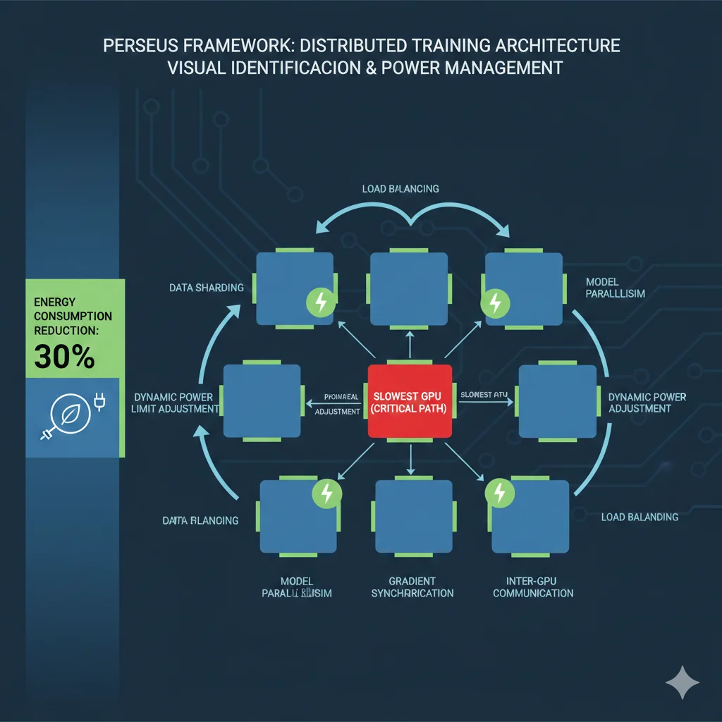 Diagrama de arquitectura del framework Perseus mostrando identificación de critical path, ajuste dinámico de power limits en GPUs y balanceo de carga para eliminar waste energético en training distribuido