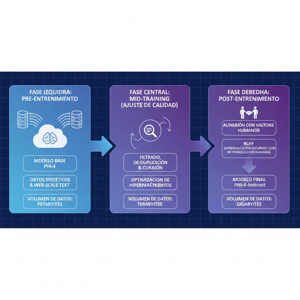 Diagrama de arquitectura técnica de Phi-4 mostrando las etapas de pretraining, midtraining, y post-training con flujos de datos sintéticos