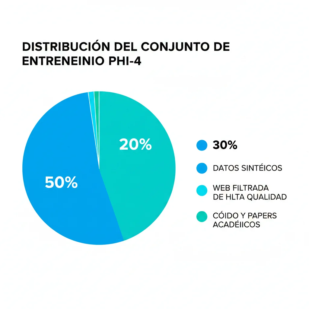 Gráfico de pastel mostrando distribución del training data de Phi-4: 50% sintético, 30% web filtrada, 20% código y papers académicos