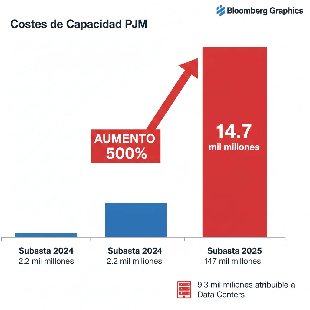 Gráfico de barras mostrando el aumento dramático de costes de capacidad PJM de 2.2 mil millones en 2024 a 14.7 mil millones en 2025 con desglose de data centers representando 9.3 mil millones