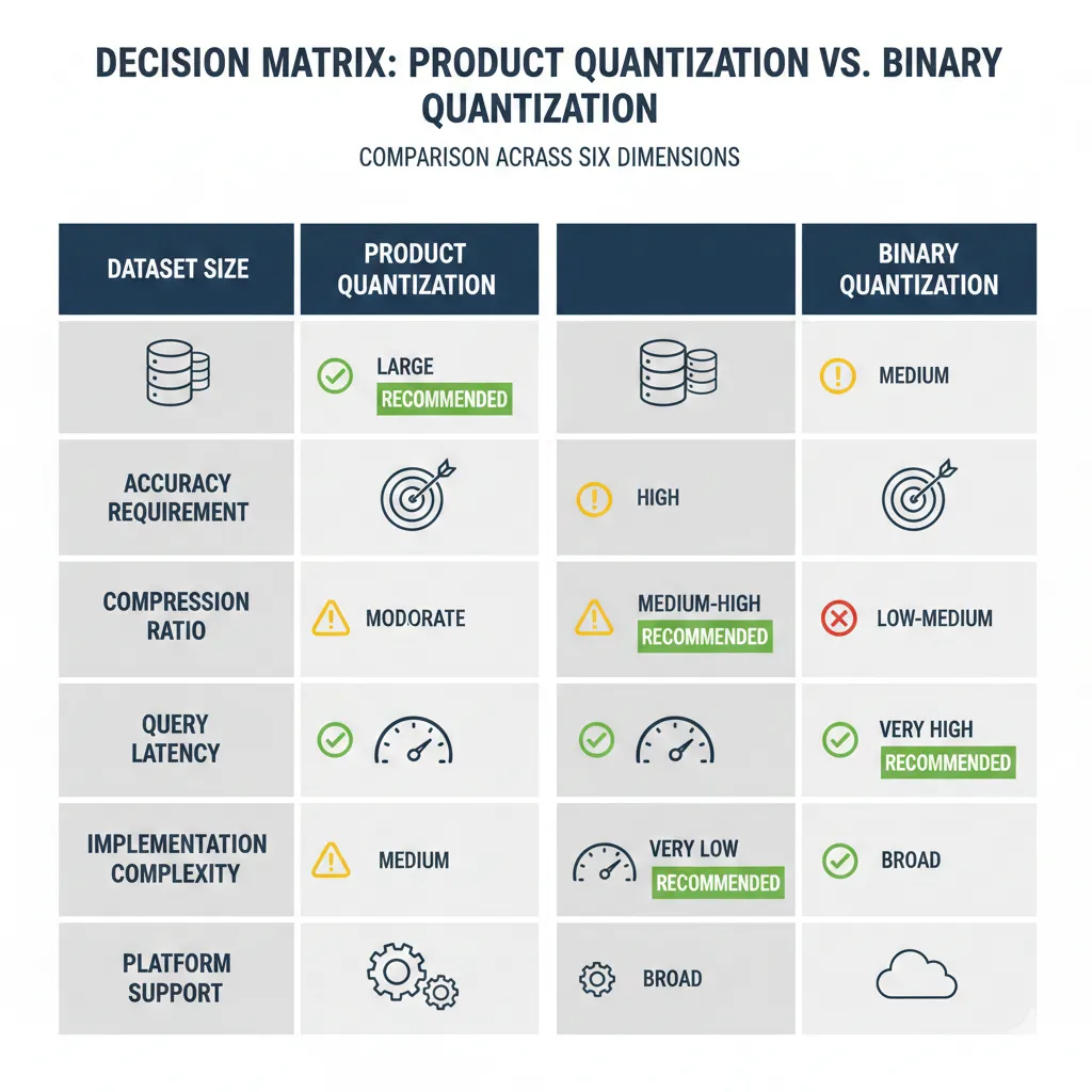 Matriz de decisión visual comparando Product Quantization vs Binary Quantization en dimensiones de dataset size, accuracy, latency, complexity, con recomendaciones específicas para cada escenario