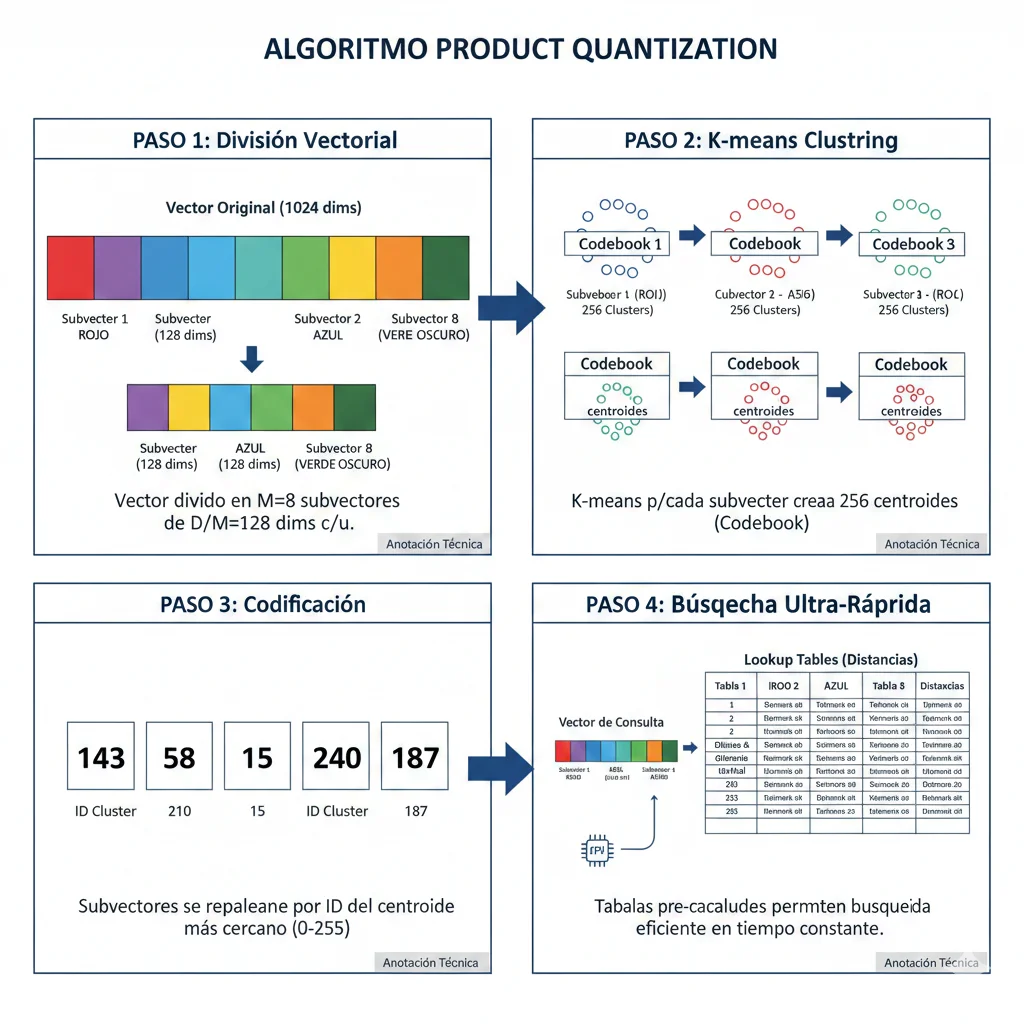 Diagrama explicando algoritmo Product Quantization: paso 1 splitting vector en subvectores, paso 2 K-means clustering para crear codebooks, paso 3 encoding con cluster IDs, paso 4 búsqueda mediante lookup tables