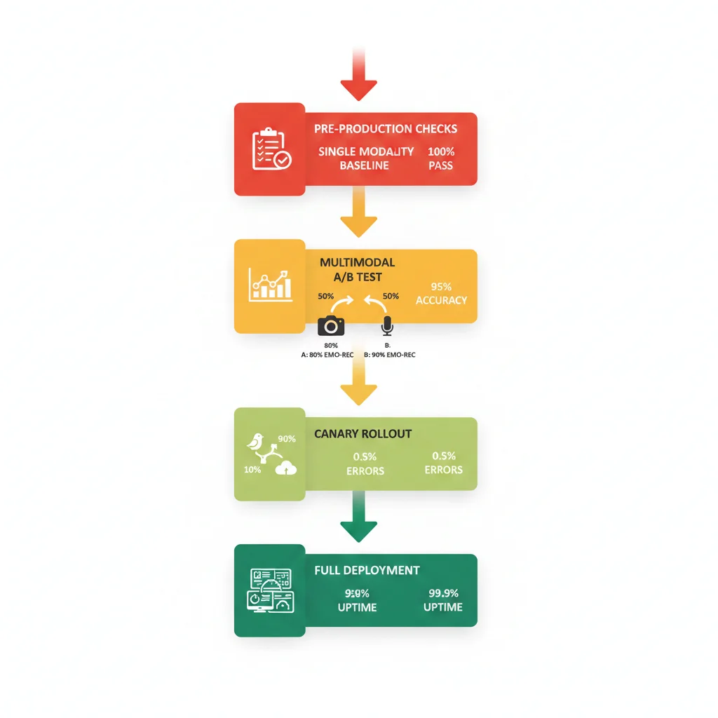 Flowchart de deployment mostrando 5 fases: pre-production checks, single modality baseline, multimodal A/B test, canary rollout y full deployment con monitoring