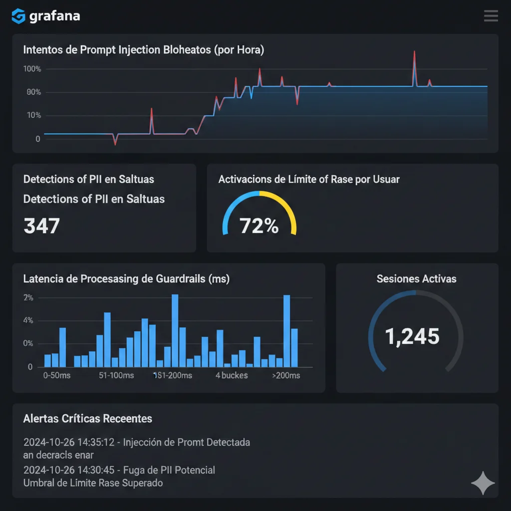 Dashboard Grafana con métricas de seguridad LLM en tiempo real incluyendo prompt injection attempts blocked, PII detections, rate limit triggers, guardrails latency histogram y active sessions gauge