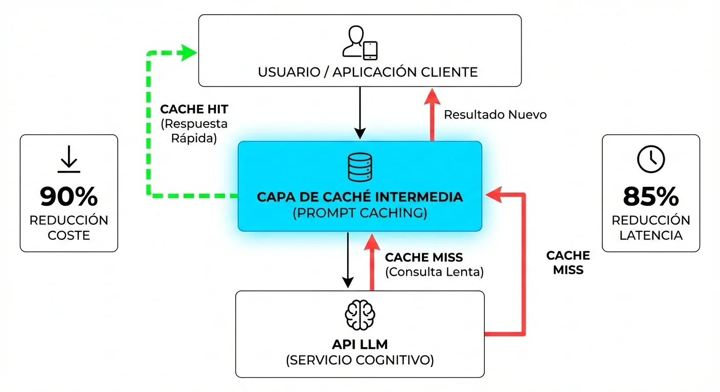 Diagrama arquitectura prompt caching mostrando cache layer entre usuario y API LLM con métricas de cache hit/miss y reducción de latencia 85 por ciento