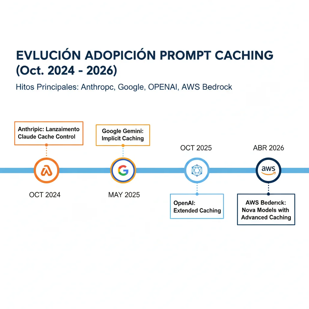 Timeline adopción prompt caching 2024-2026 mostrando lanzamientos Anthropic, OpenAI, Google Gemini, AWS Bedrock con fechas y características principales