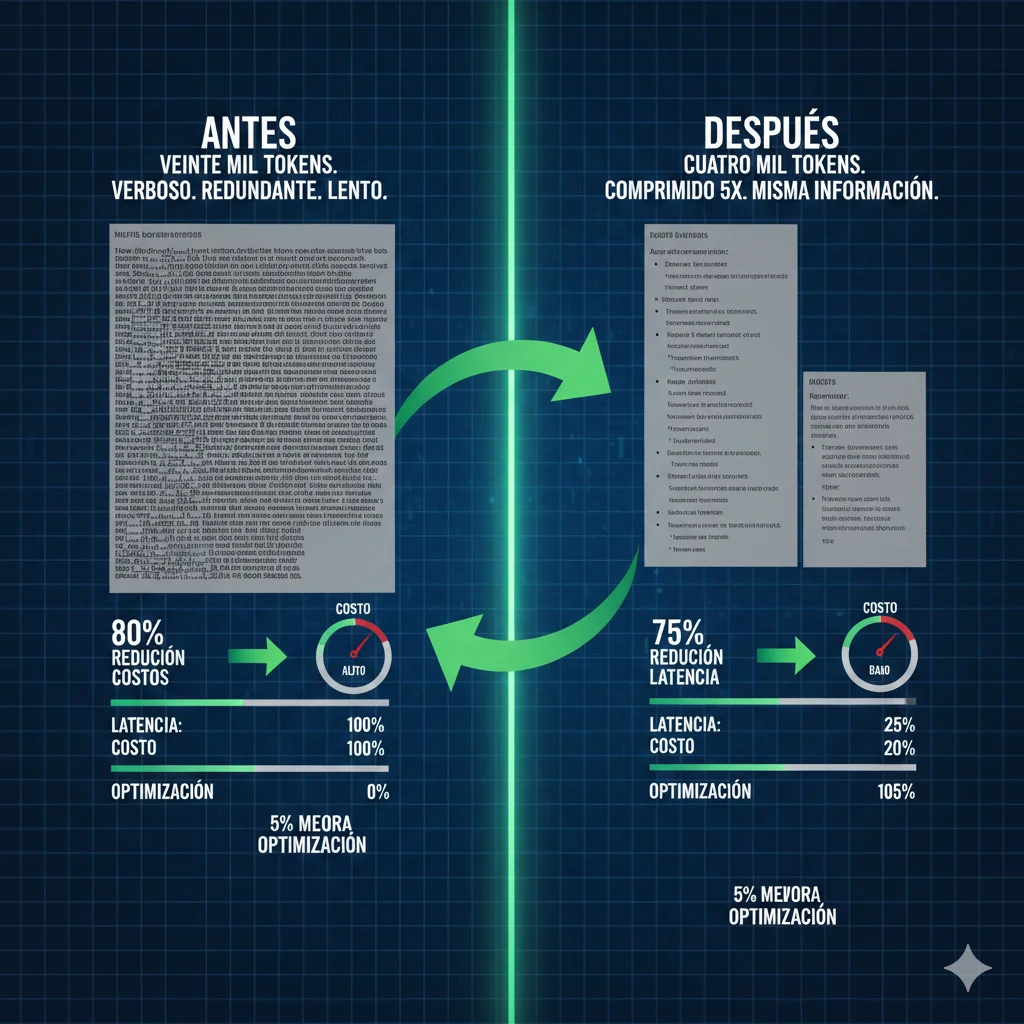 Comparativa visual de prompt antes y después de compression mostrando reducción de 20K a 4K tokens con mejoras en costo latency y accuracy