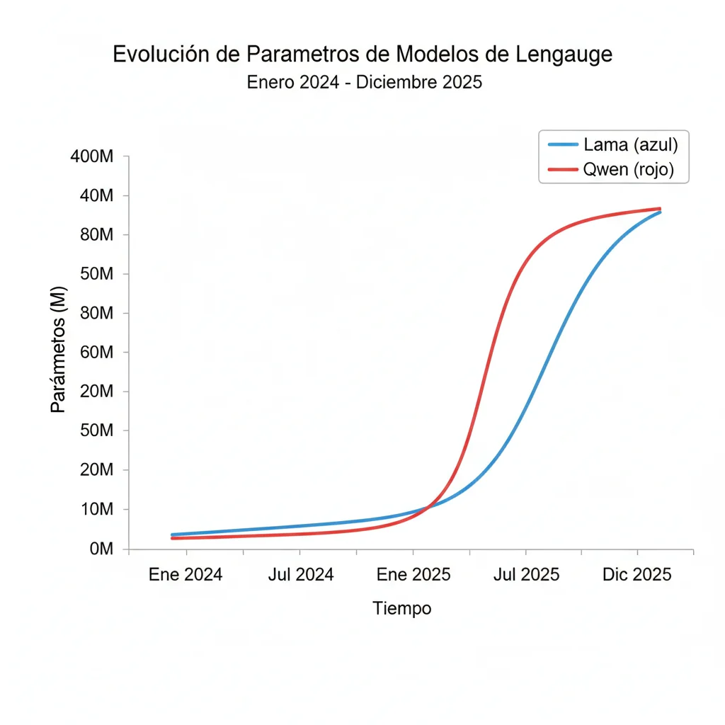 Gráfico de línea temporal mostrando evolución de descargas Qwen vs Llama desde enero 2024 hasta diciembre 2025, con punto de cruce en noviembre 2025