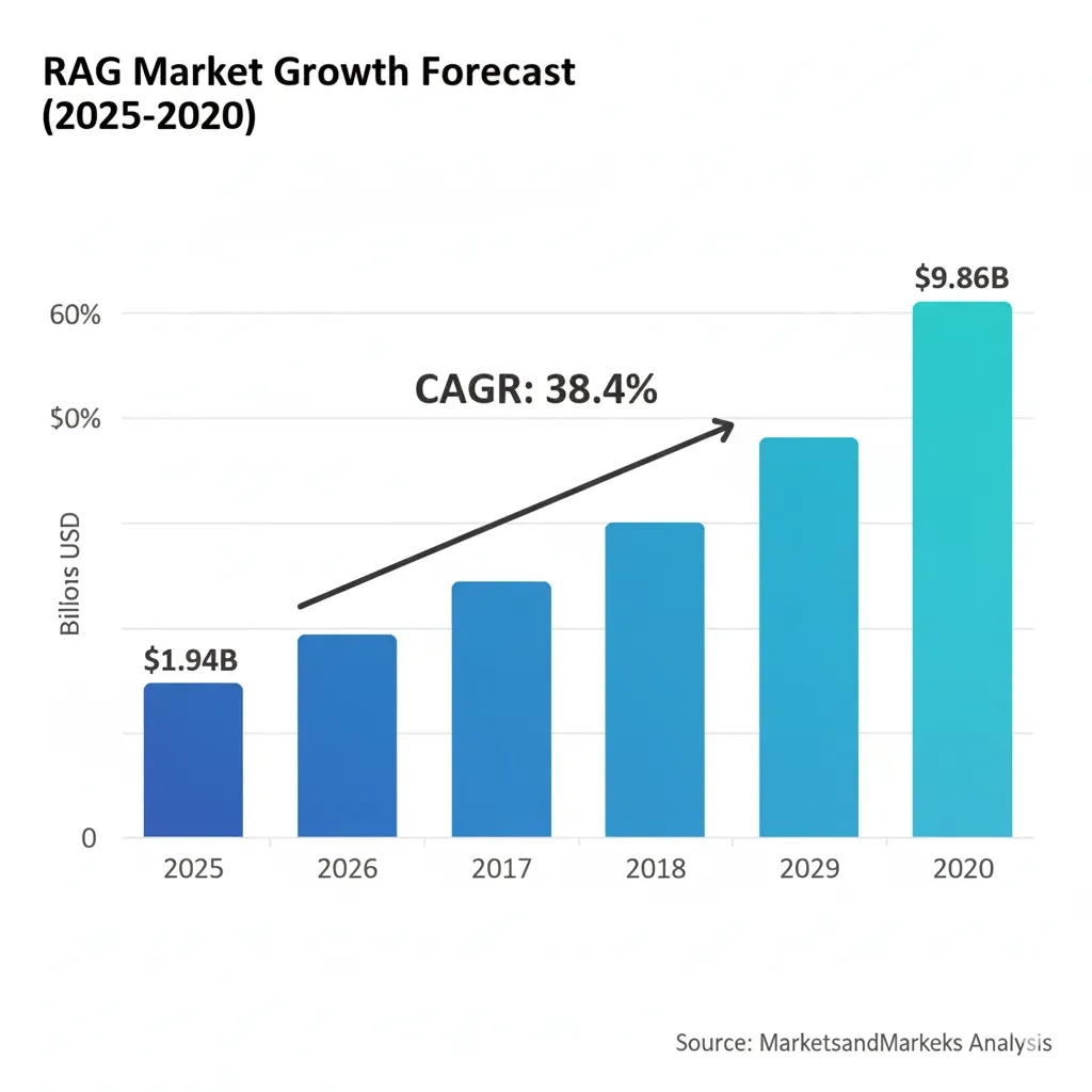 Gráfico mercado RAG creciendo de 1.94 billones dólares en 2025 a 9.86 billones en 2030 con CAGR 38.4 porciento según MarketsandMarkets research