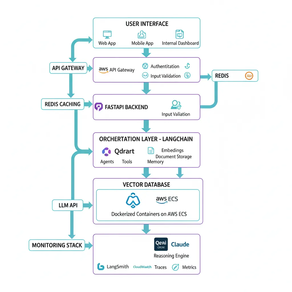 Arquitectura production-ready de sistema RAG mostrando User Interface, API Gateway, FastAPI Backend, LangChain Orchestration, Vector Database, LLM API, y Monitoring Stack con flujo de datos completo