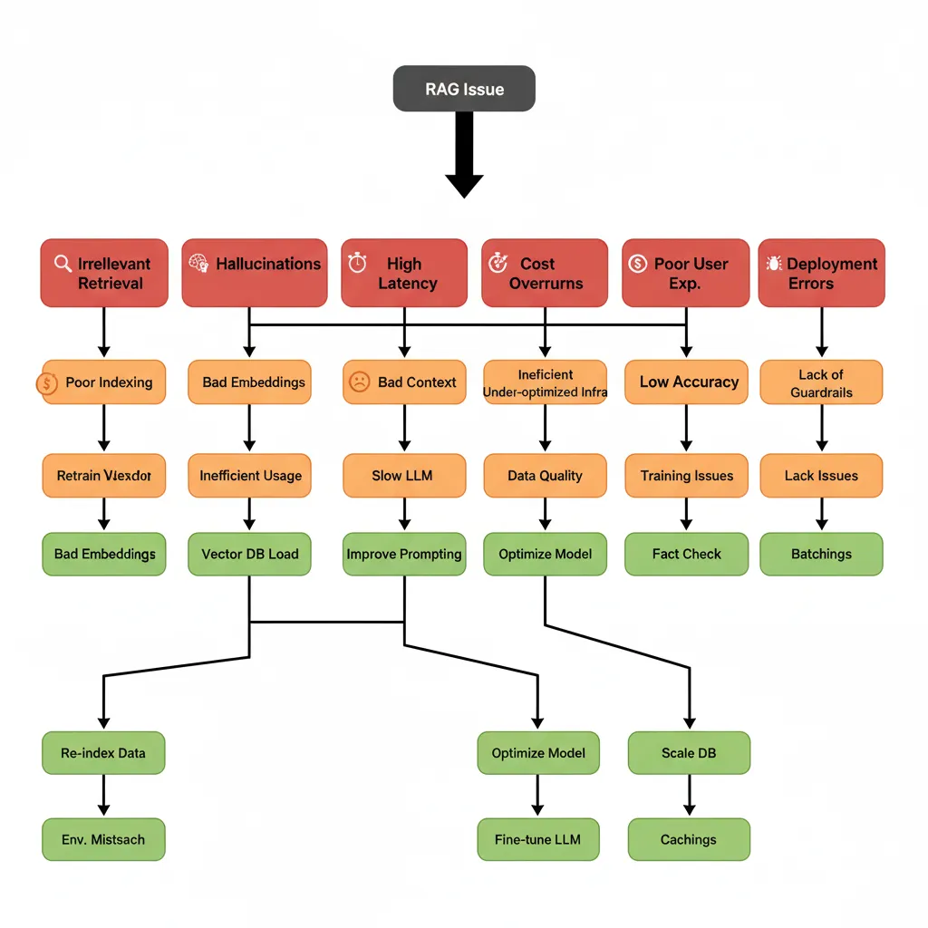 Diagrama decision tree troubleshooting RAG mostrando symptoms root causes y solutions para 7 problemas comunes retrieval irrelevante hallucinations latency alta costes escalando