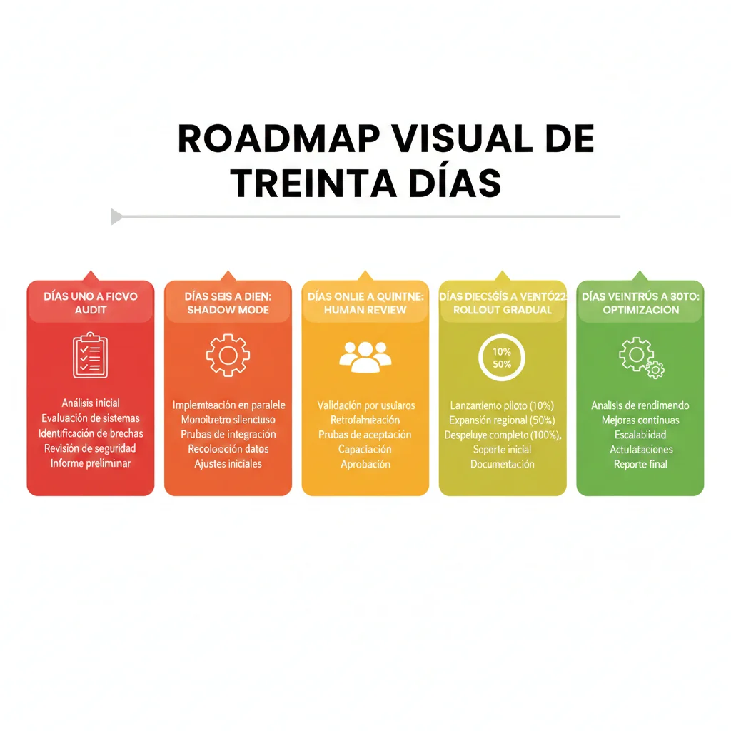 Roadmap visual de 30 días mostrando migración paso a paso de RAGAS a Hybrid Detection con checkpoints de validación