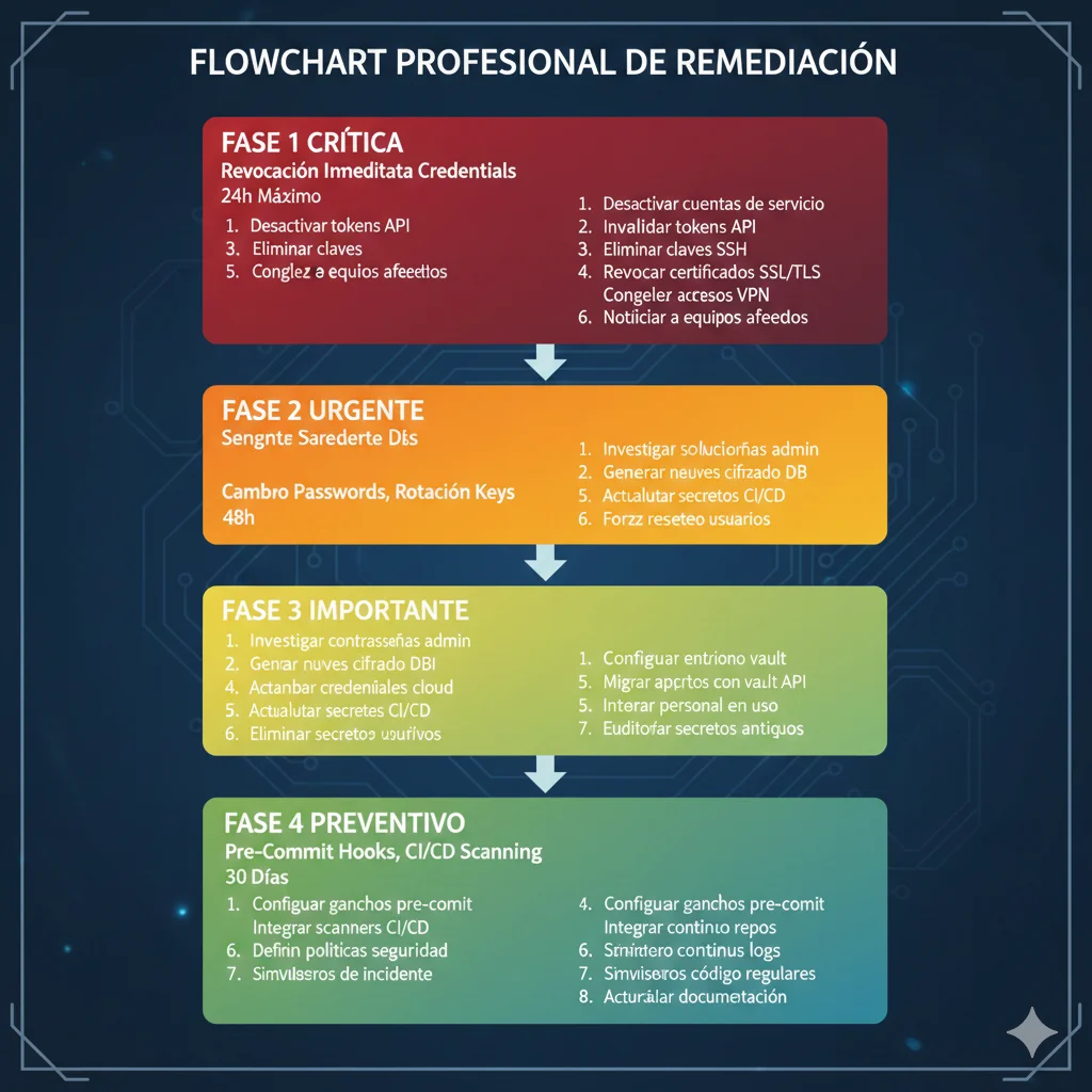 Diagrama flujo proceso remediation 4 fases: Fase 1 respuesta inmediata 0-1 hora, Fase 2 remediation completa 1-24 horas, Fase 3 hardening 24h-7 días, Fase 4 governance continuo
