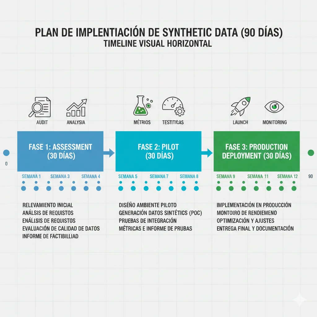 Timeline visual mostrando roadmap de 90 días dividido en assessment, pilot, y production deployment