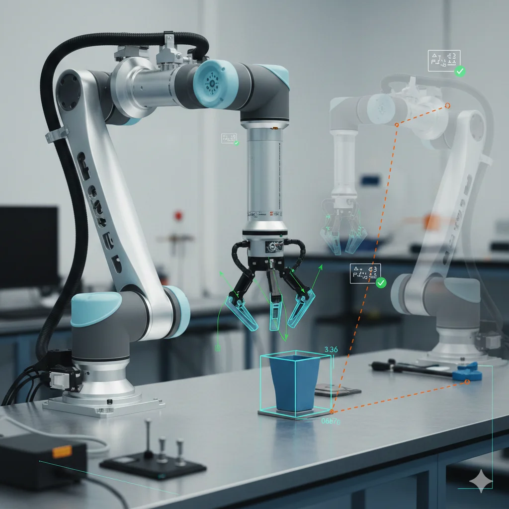 Robot usando V-JEPA 2 manipulando objetos diversos con visualización de predicciones world model y métricas de éxito en tiempo real