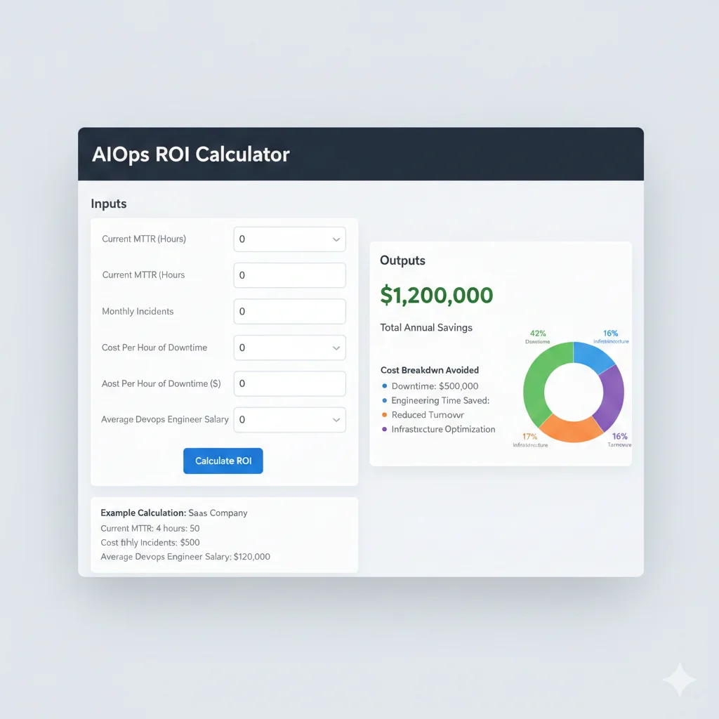 Screenshot de calculadora ROI interactiva mostrando inputs de MTTR actual y proyectado con outputs de ahorro anual calculado automáticamente
