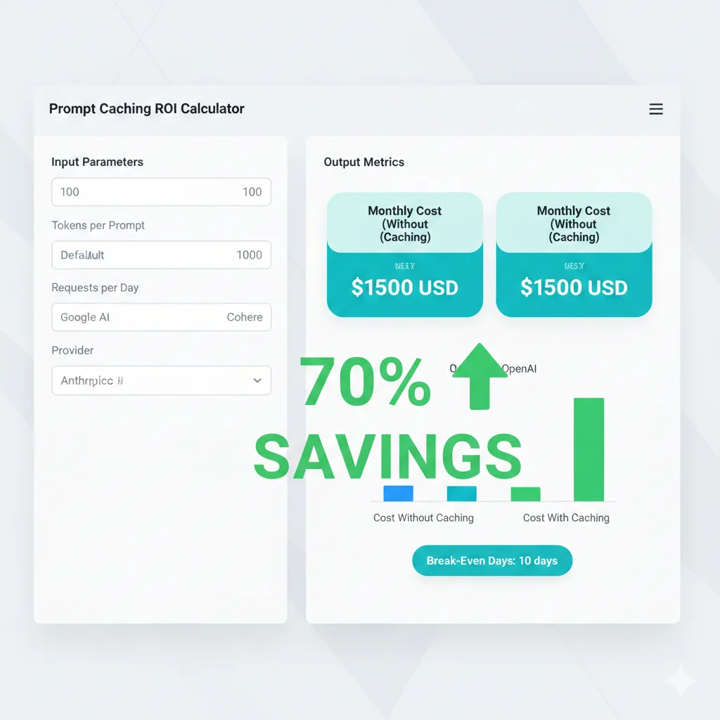 Interfaz calculadora ROI prompt caching mostrando inputs tokens requests provider y outputs costes mensuales savings porcentaje break-even days