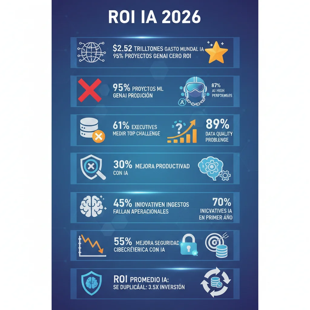 Infografía visual mostrando las 15 estadísticas críticas ROI IA 2026 con íconos, porcentajes destacados y fuentes verificadas McKinsey Gartner BCG MIT