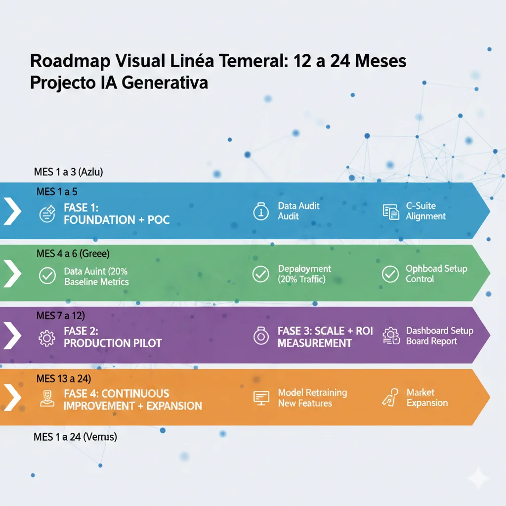 Roadmap visual timeline 12-24 meses proyecto IA generativa mostrando milestones críticos: mes 1-3 data audit más POC, mes 4-6 production pilot, mes 7-12 scale más ROI measurement, mes 13-24 optimization