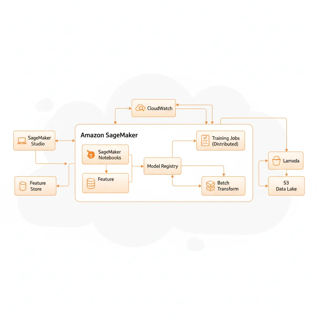 Diagrama arquitectura AWS SageMaker mostrando componentes Studio, Training Jobs, Feature Store, Model Registry, Endpoints con integración S3, Lambda y CloudWatch