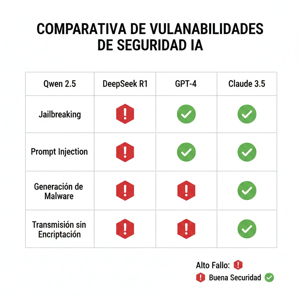 Tabla comparativa de vulnerabilidades de seguridad entre Qwen, DeepSeek y modelos occidentales mostrando tasas de fallo en jailbreaking, prompt injection y generación de malware