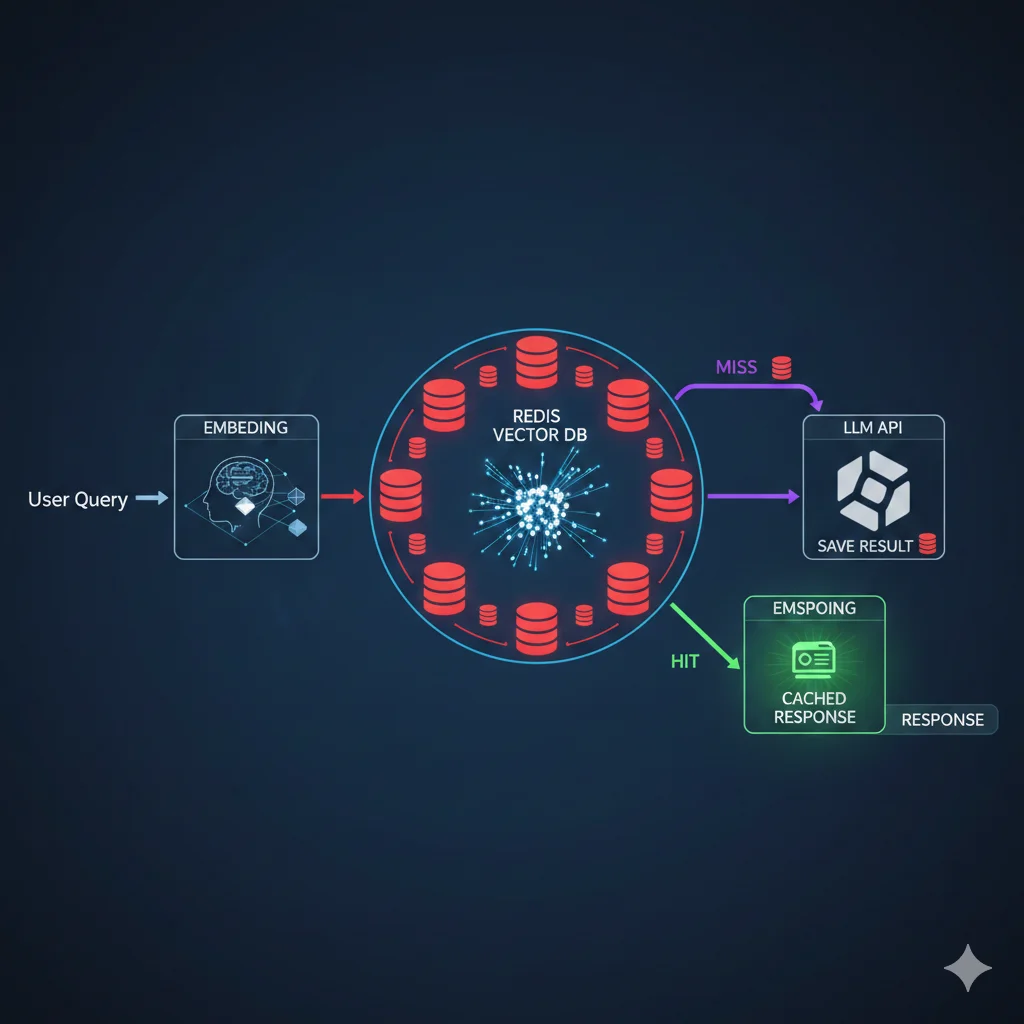 Arquitectura de semantic caching con Redis mostrando embeddings vectoriales y búsqueda por similitud para cachear respuestas LLM