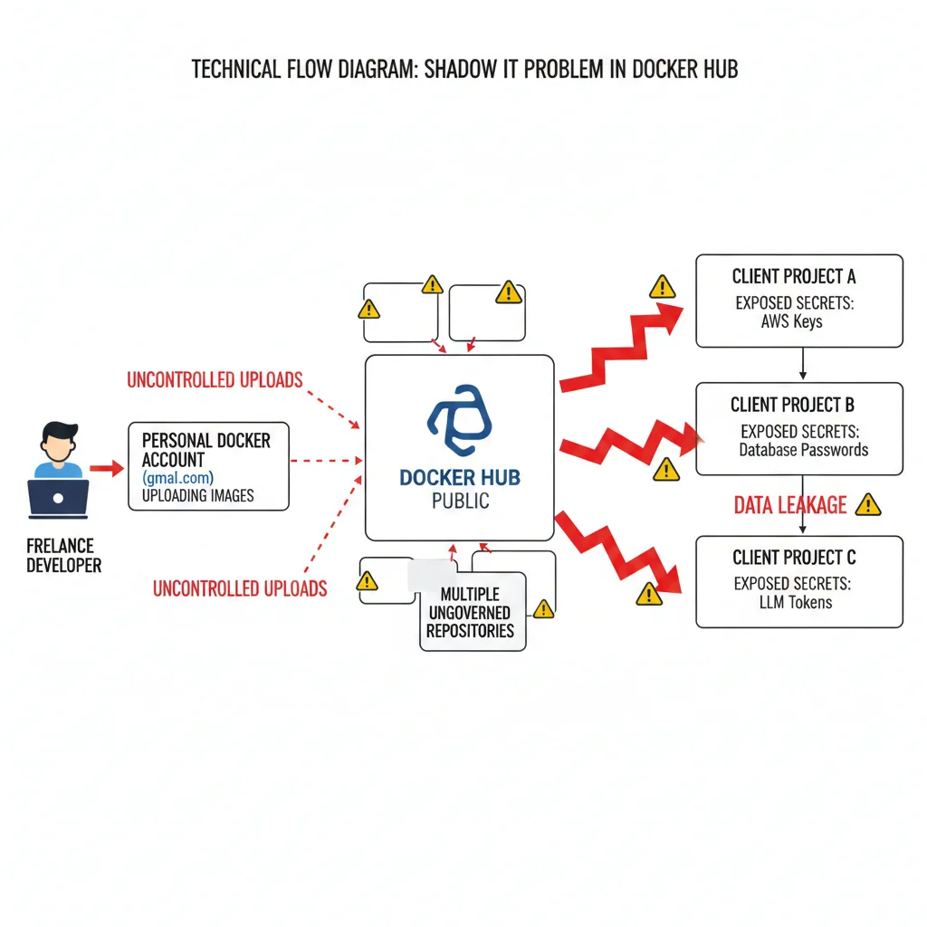 Diagrama flujo Shadow IT mostrando desarrollador freelance con cuenta personal Docker Hub subiendo imágenes con secrets de múltiples proyectos cliente sin visibilidad corporativa ni controles seguridad