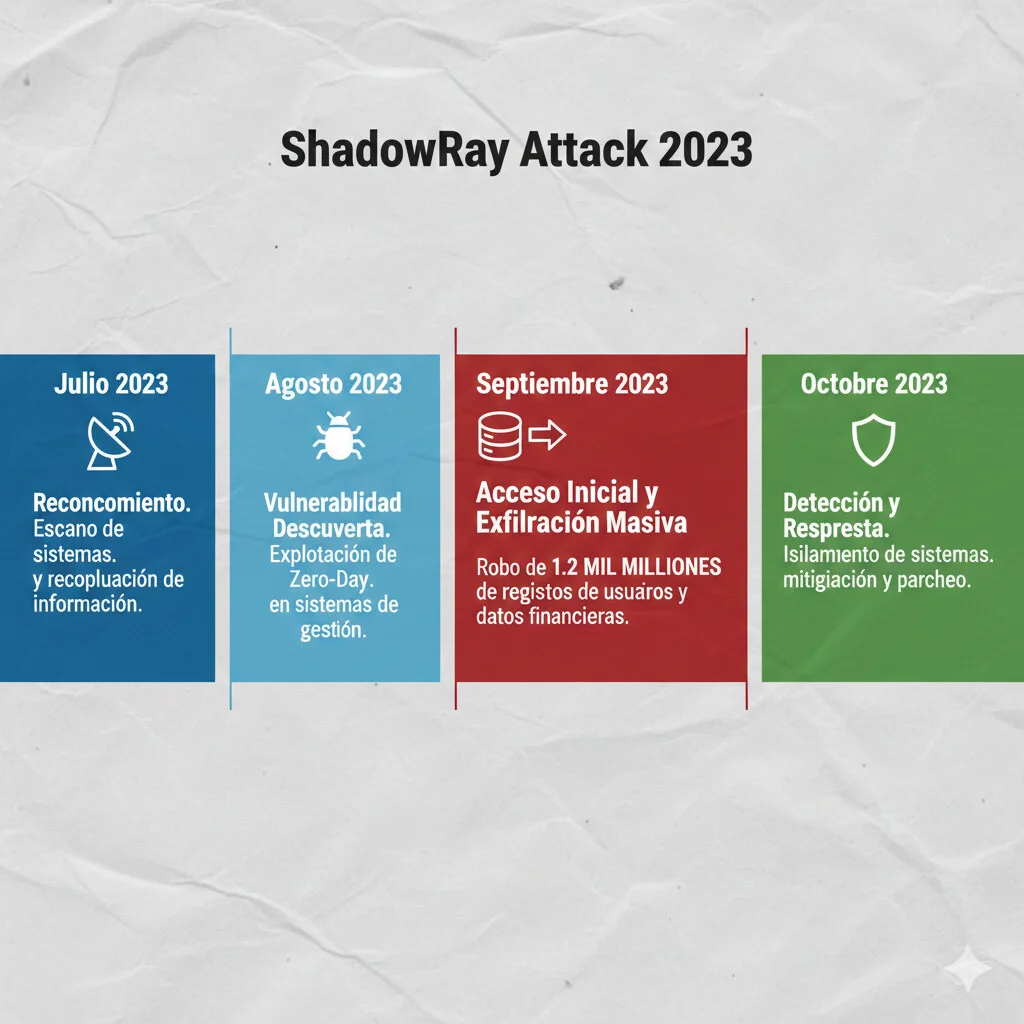 Timeline detallado del ataque ShadowRay desde reconnaissance hasta exfiltración, mostrando fechas, técnicas usadas y valor de datos robados