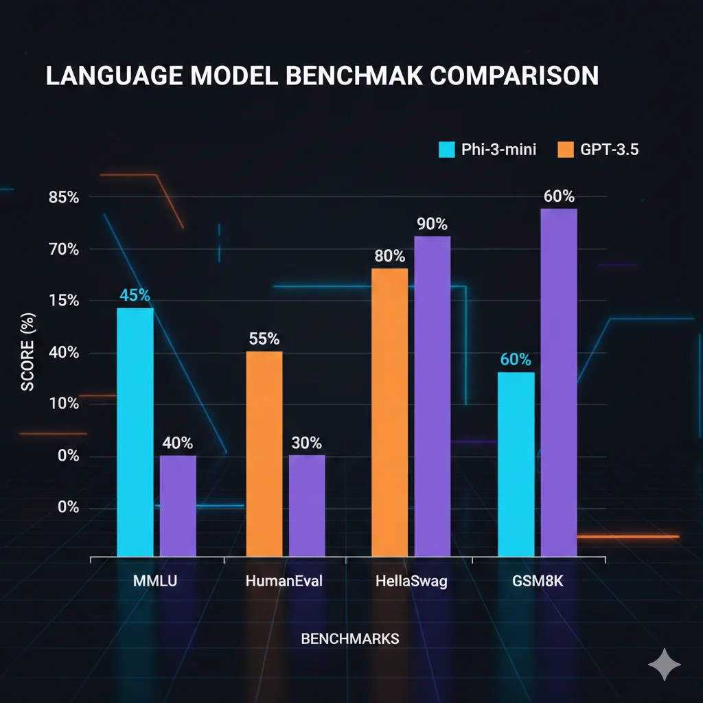 Gráfico de barras comparando scores MMLU, HumanEval, HellaSwag y GSM8K entre Phi-3-mini, GPT-3.5 y GPT-4 mostrando que Phi-3 iguala o supera GPT-3.5 en varios benchmarks